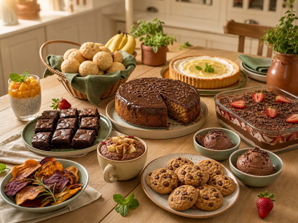 Mesa com receitas caseiras: bolos, pães, cookies e sobremesas